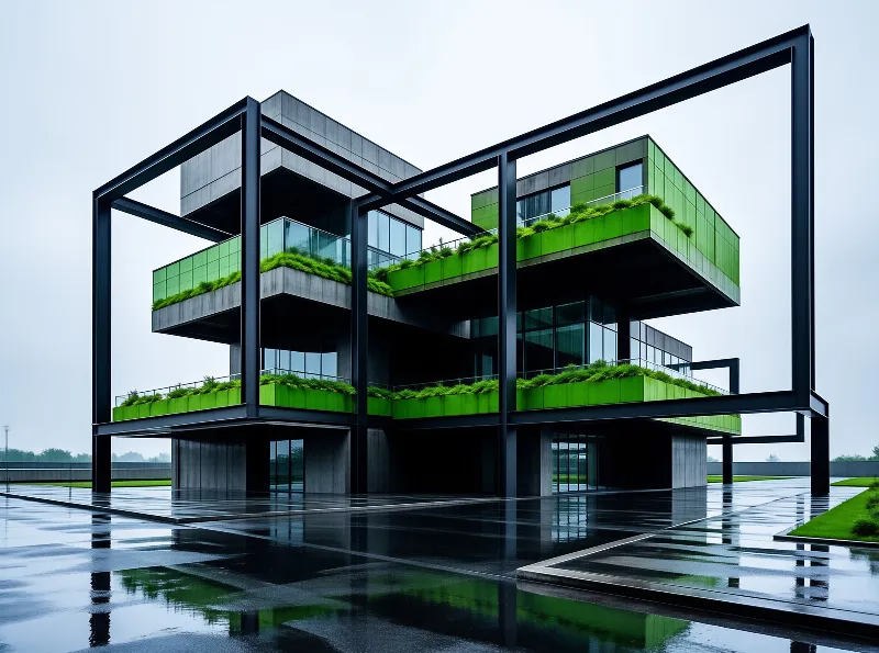 A modern office block with lush planted balconies framed by a black steel skeleton over a wet plaza