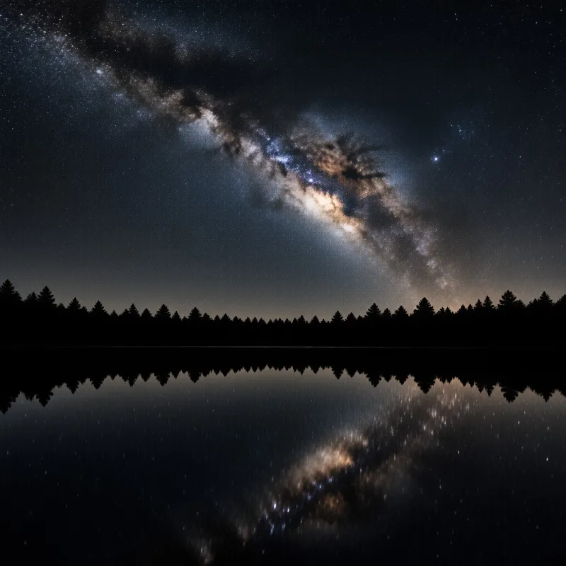 Bright stars and nebula clouds span the horizon above a silhouette of trees reflected in a calm lake surface.