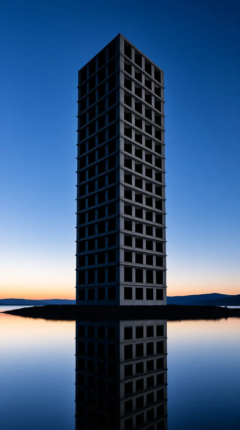A narrow tower with dark window openings stands on a thin strip of land above calm reflective water.