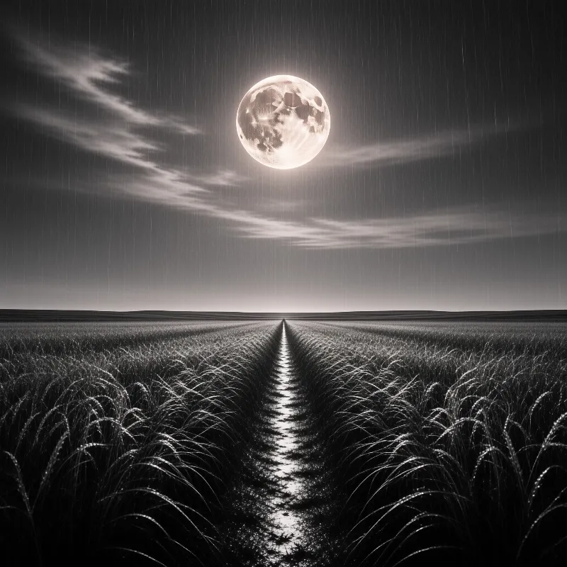 A luminous full moon hangs over a narrow track cutting straight through dark grass toward the horizon