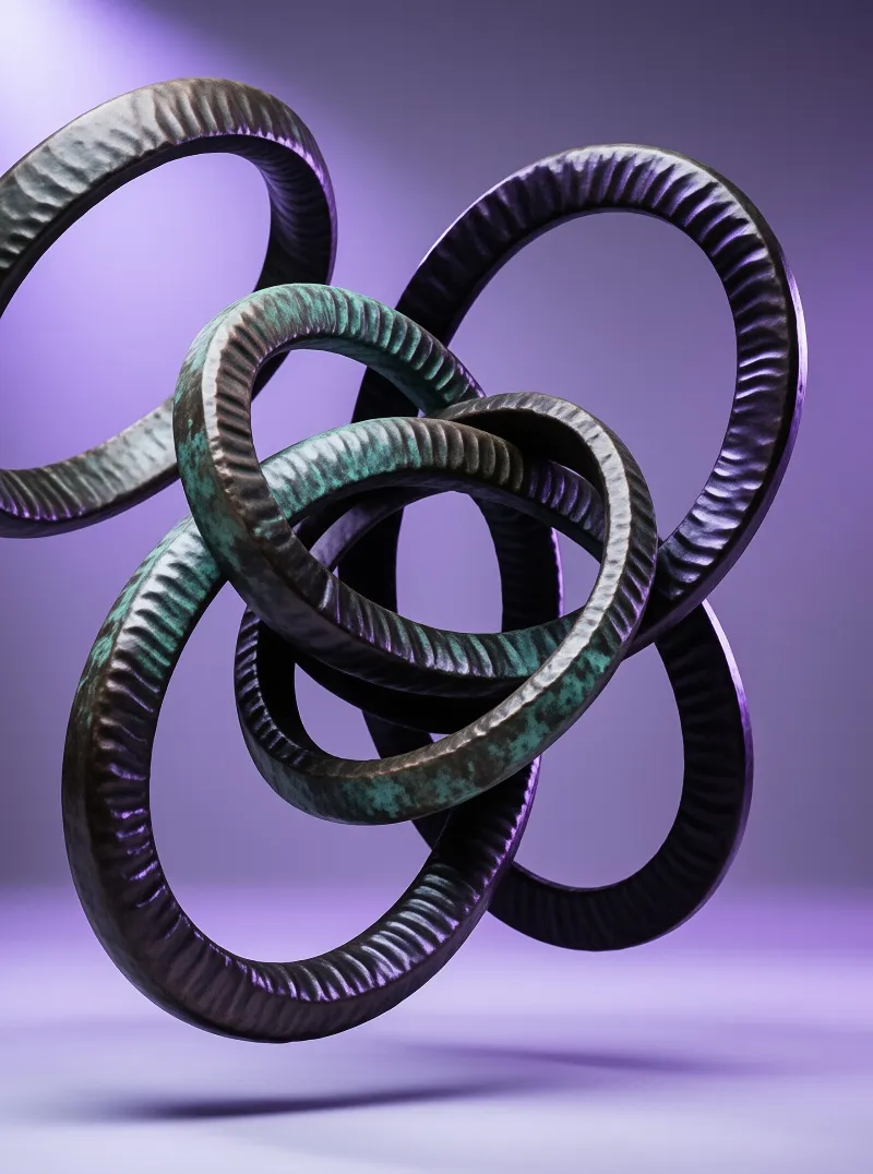Interlocking bronze rings with green patina hover against a gradient purple backdrop illuminated by soft studio lighting.