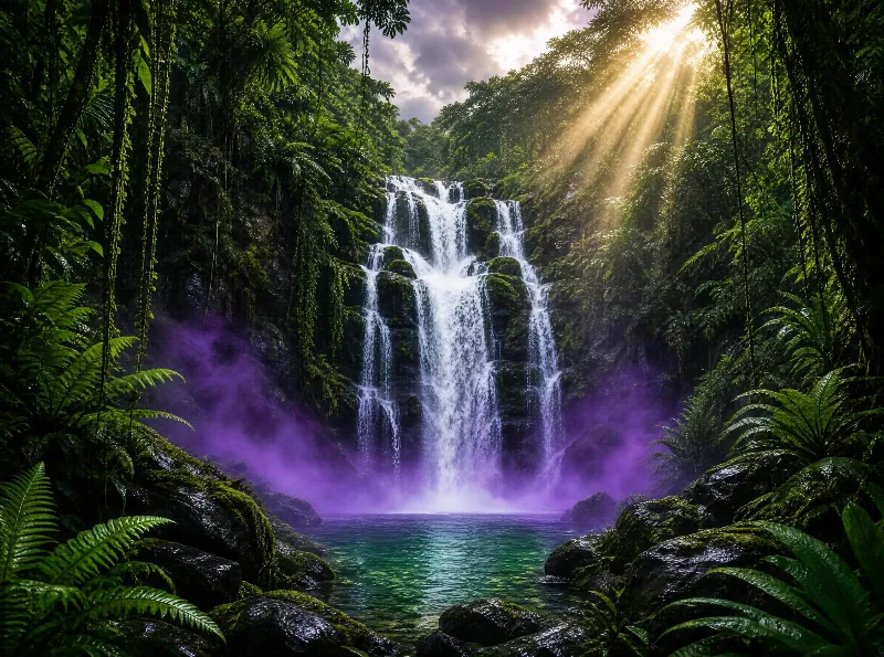 Sunlit Jungle Waterfall