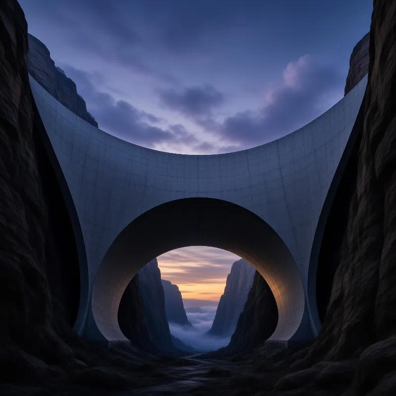 Massive curved structure crosses a rocky gorge while orange sunset light shines through the central archway above fog.