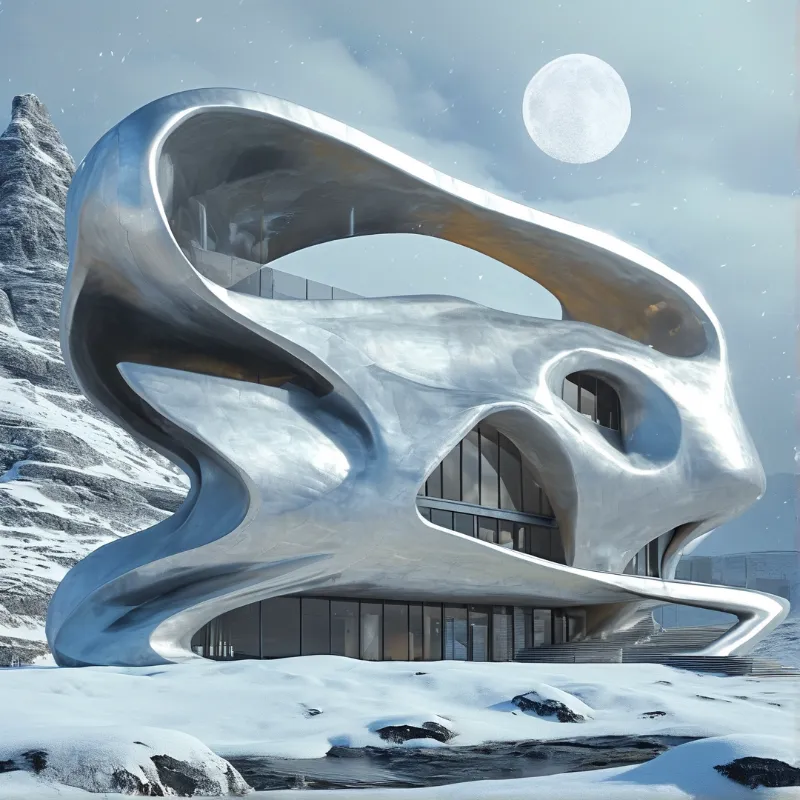 A futuristic silver structure with smooth curves stands in snow-covered mountains under a bright sky with a large moon.