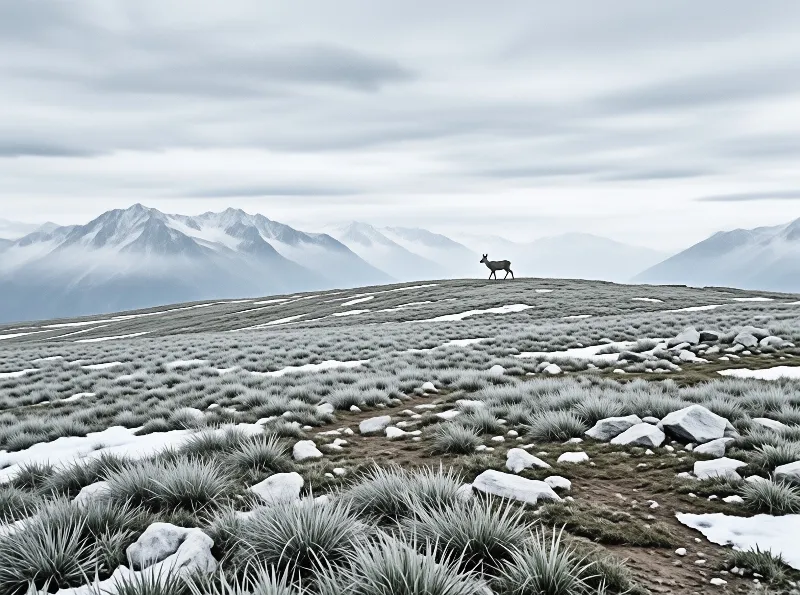 A lone deer stands atop a snowy grassland ridge with mountains in the background beneath a cloudy sky
