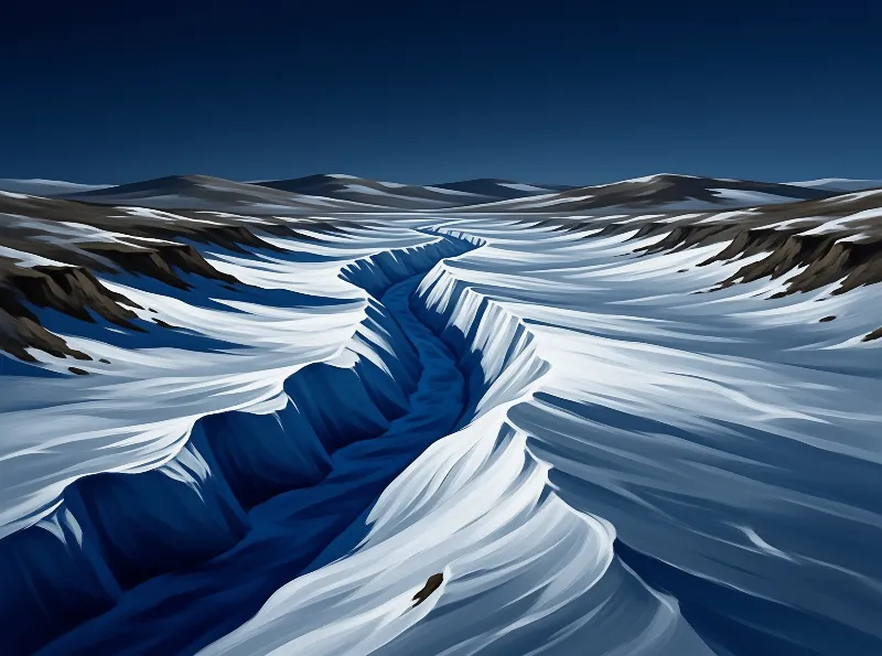 A deep blue crevasse winds through a vast expanse of white snow under a clear dark sky with distant rocky hills