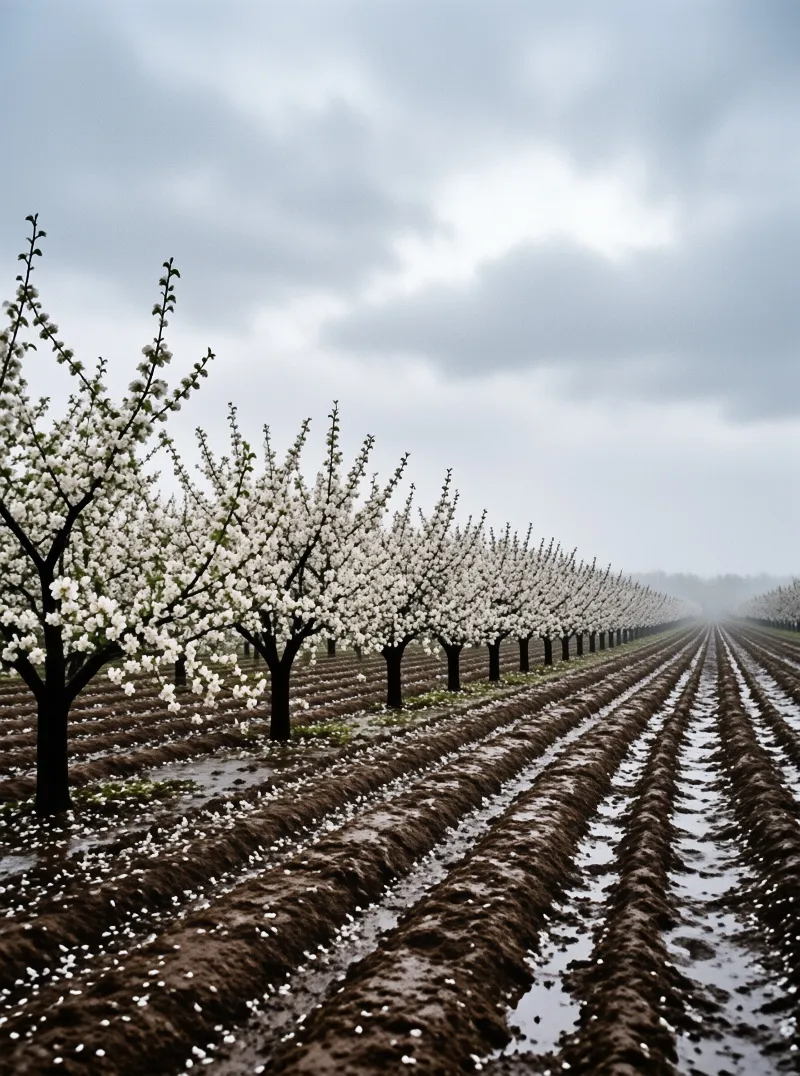 Rows of white blossoming fruit trees planted in neat lines within a wet muddy field under grey cloudy skies with distant mist obscuring the horizon.