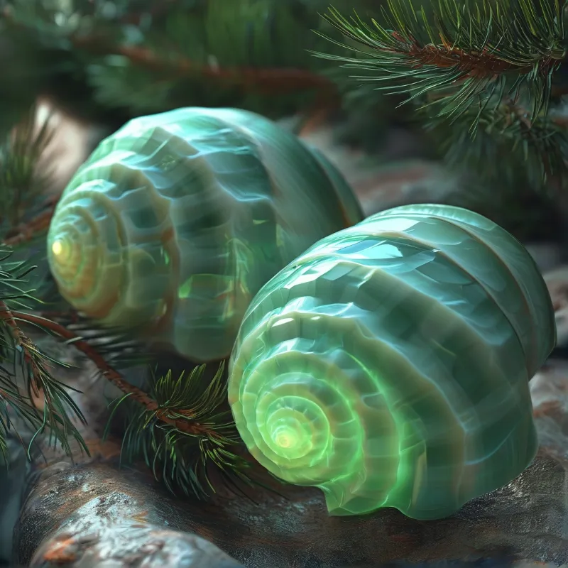 Two large translucent green spiral shells rest on rough stone surrounded by pine needles under soft natural forest lighting.
