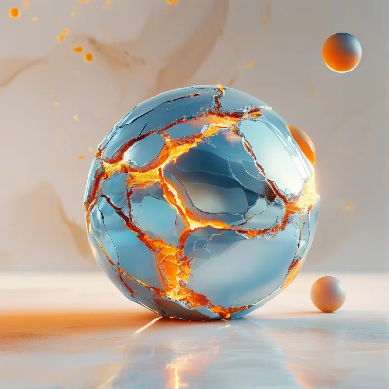 A translucent blue glass sphere rests on a glossy surface, its shell split by rivers of glowing orange light