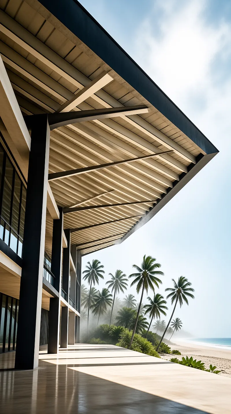A modern structure with a slatted roof overlooks a beach lined with palm trees under a bright sky.