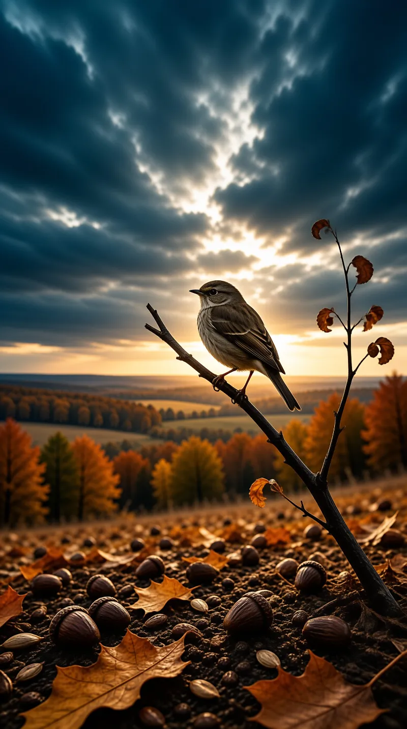 A small brown bird perches on a dark twig rising from soil with scattered acorns and autumn trees and cloudy sky behind it.