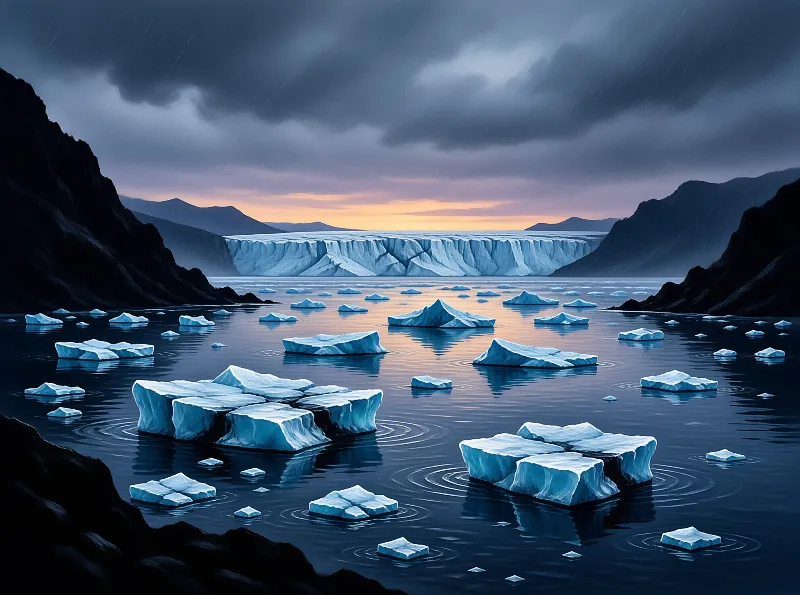 Blue icebergs drift in dark water before a distant glacier wall under a purple twilight sky.