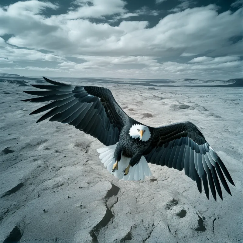 A bald eagle spreads its wings while gliding low over a vast expanse of dried cracked ground beneath a heavy sky.