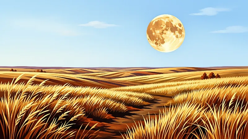 A winding dirt path cuts through golden wheat fields while a large luminous moon hangs in the pale blue sky.