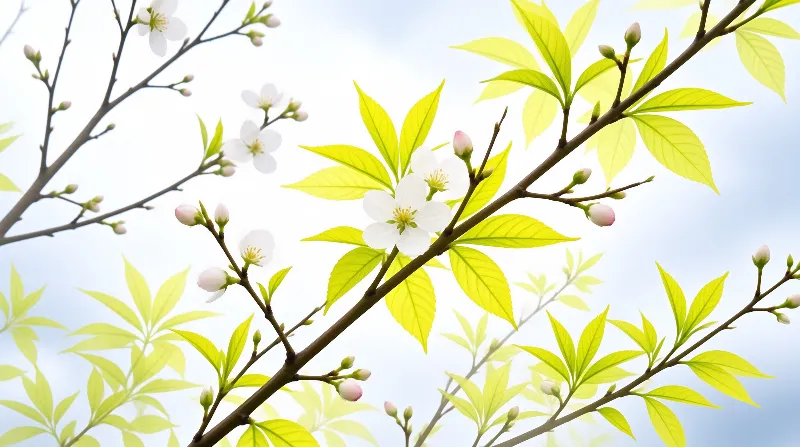 White flowers and bright lime green leaves on brown branches against a pale blue sky.