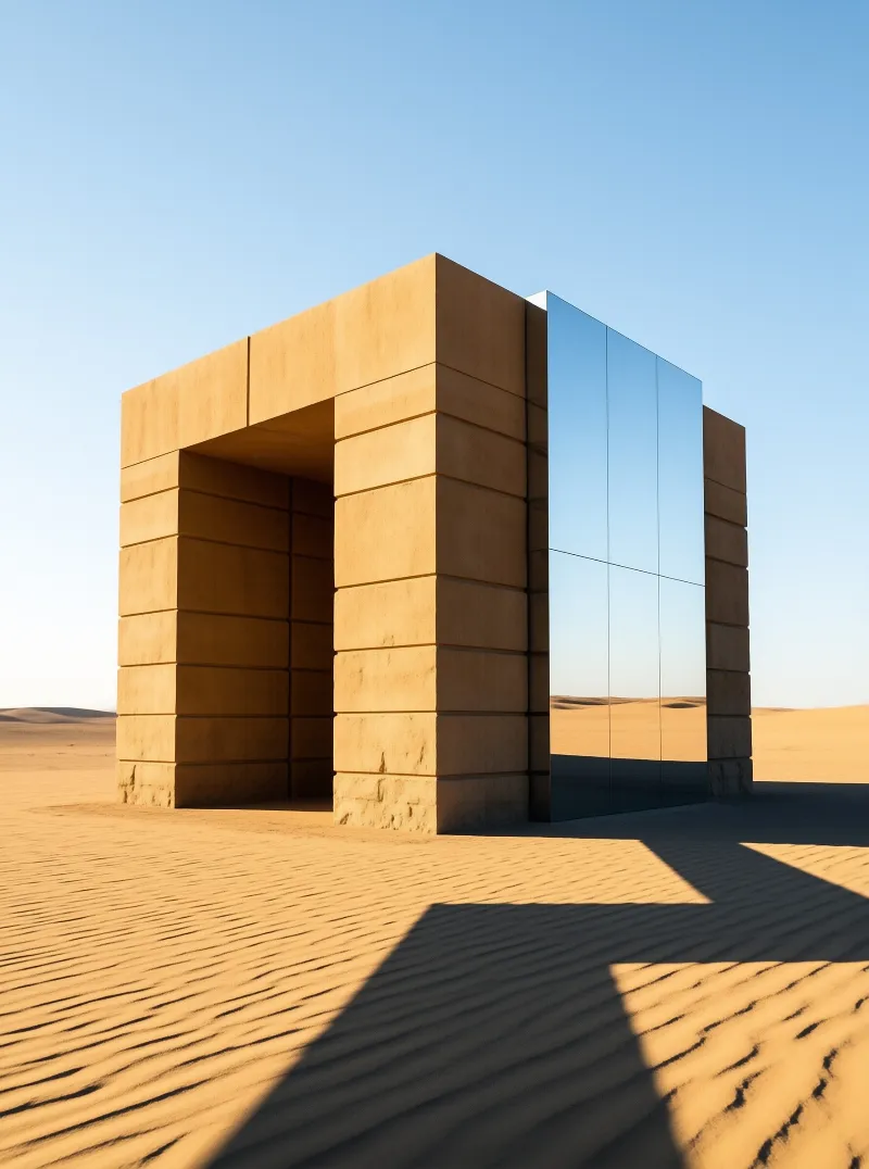A massive sand-colored building with a reflective panel stands isolated in the desert casting long shadows.