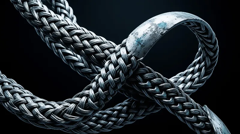 A complex braided steel cable forms a knot interwoven with smooth metal bands against a pitch black background.