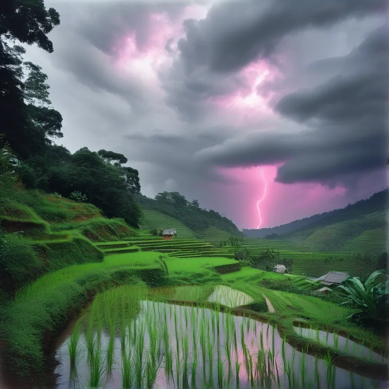 Lush green rice terraces filled with water sit beneath a turbulent sky where a brilliant pink lightning bolt strikes the distant hills.