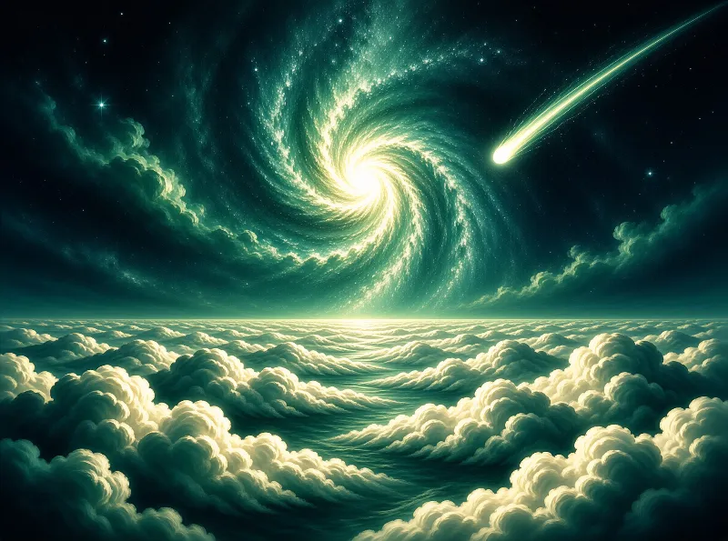 A luminous emerald spiral galaxy turns overhead while a bright comet trails across a moonlit ocean of clouds