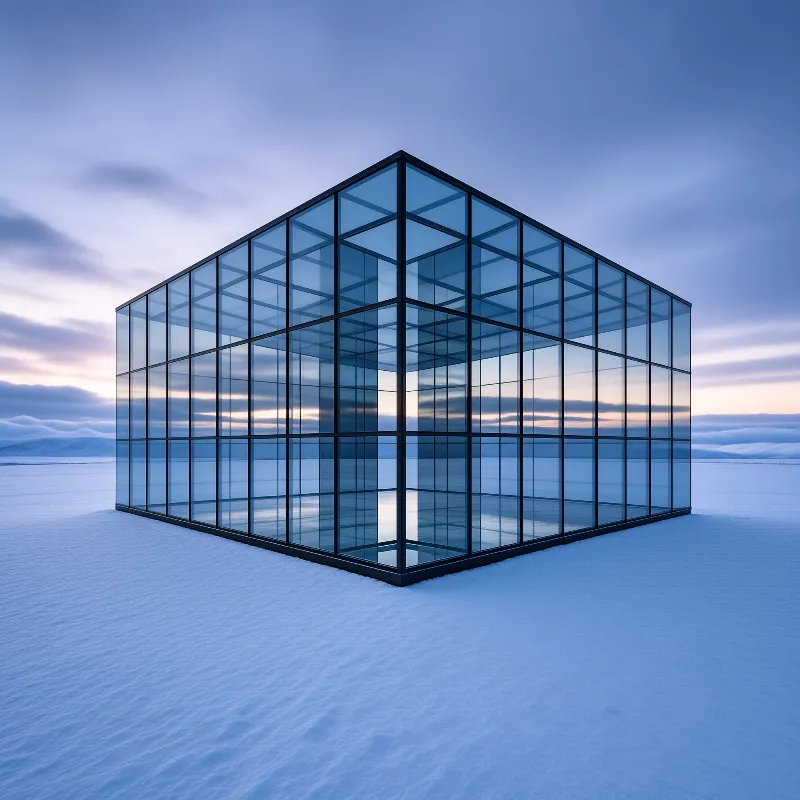A glass cube building stands on a snow-covered plain under a soft blue and purple sky, its transparent walls reflecting the surrounding landscape and the changing light of dawn.