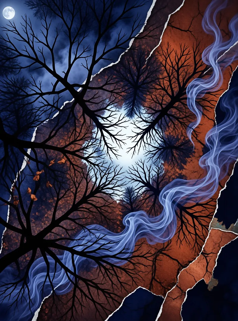 Dark tree branches overlay a surreal split background of moonlit blue sky and burning orange flames with drifting smoke.