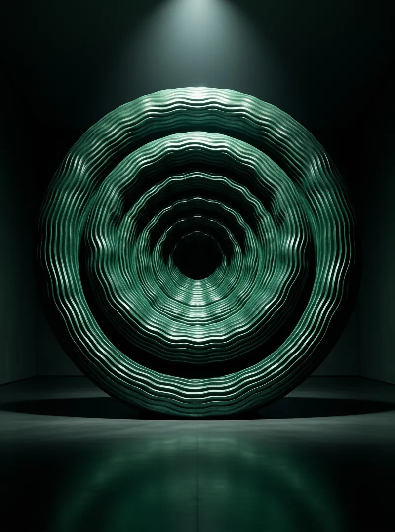 A large circular installation with concentric green waves stands illuminated by an overhead spotlight in a dark space.