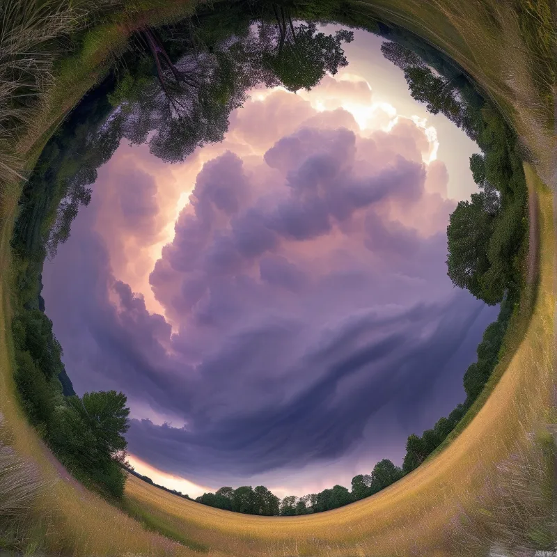 Fisheye view of a circular landscape with golden fields encircling purple and pink clouds under a dusky sky