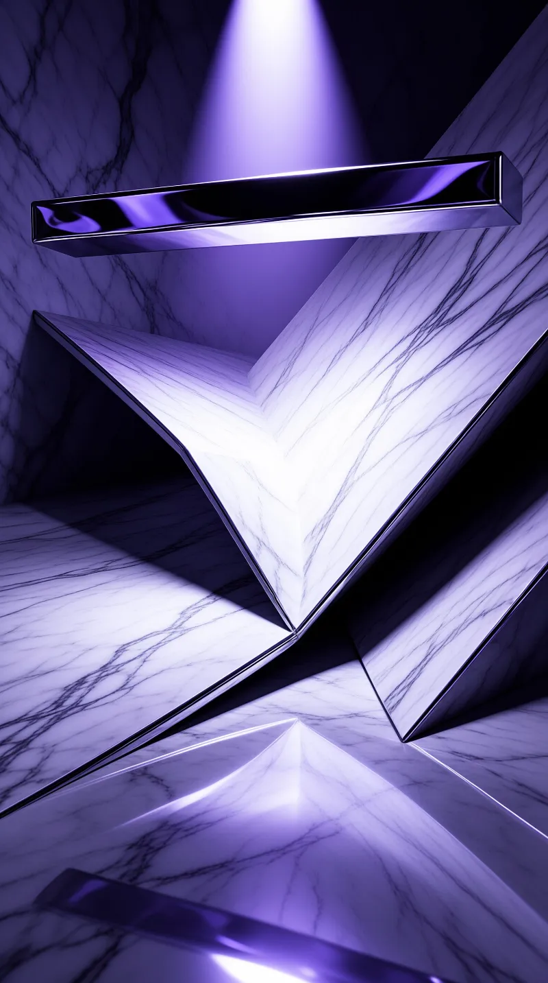 Angular white marble surfaces and floating bars are bathed in dramatic purple and white light within a dark space.
