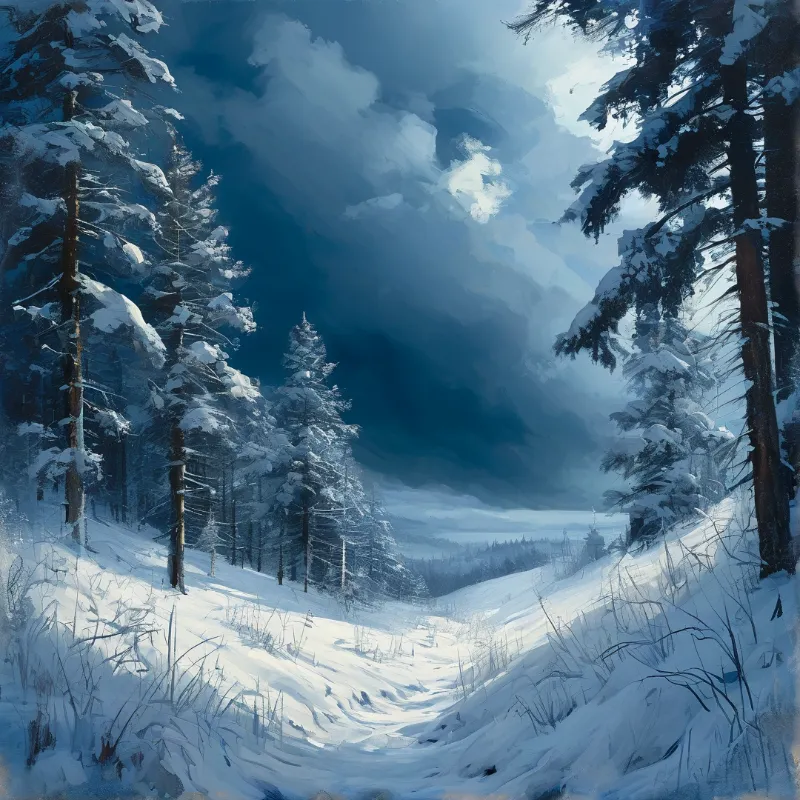 A snow covered trail winds between tall pine trees beneath a dramatic dark blue sky with bright clouds.