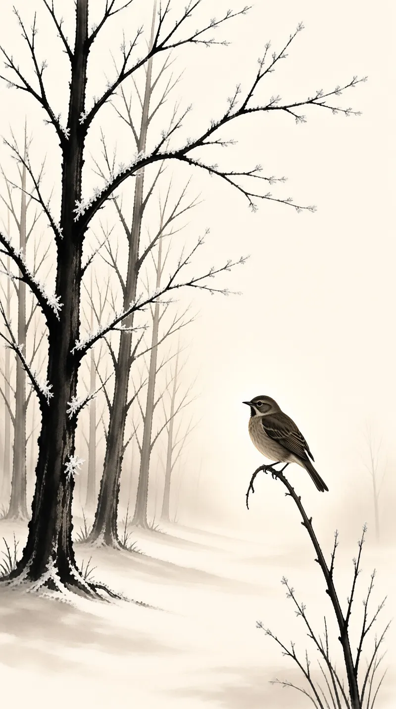 A small songbird rests on a thin branch while standing in a foggy winter forest filled with bare trees.