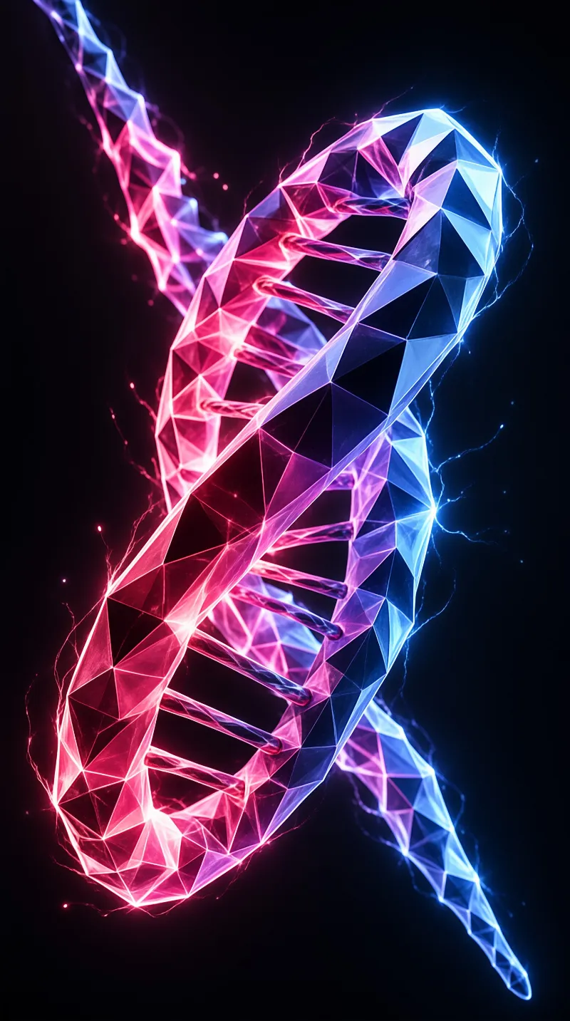 A low poly DNA helix glows with pink and blue gradients against a deep black space.