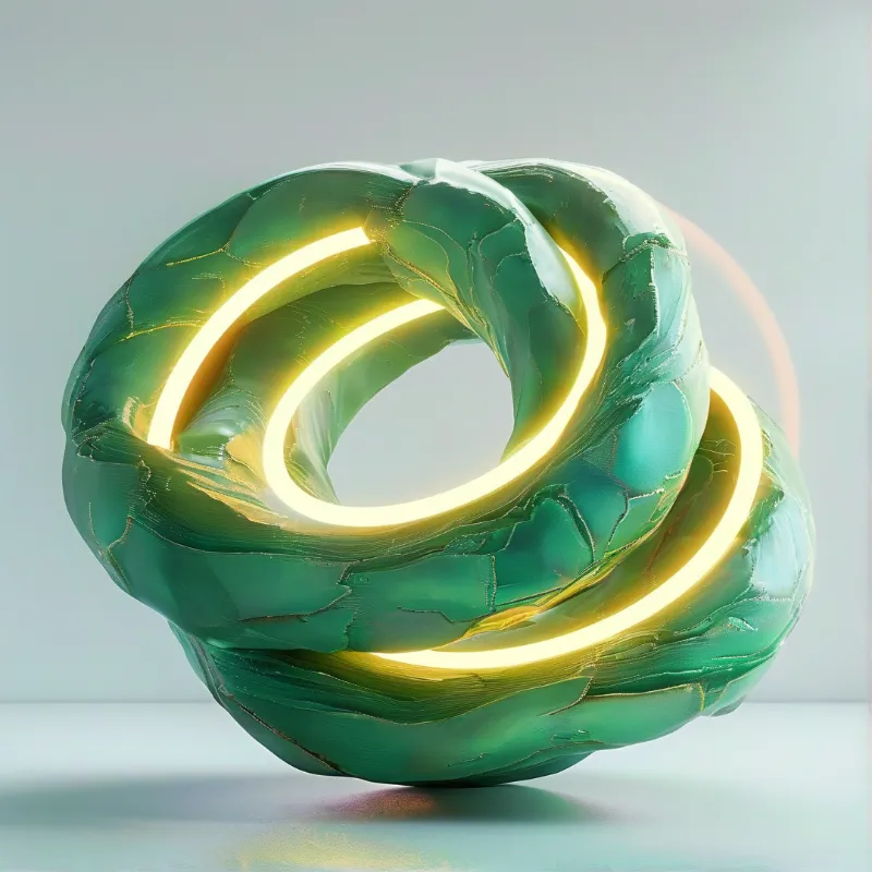 A glossy green twisted form contains internal yellow light rings set against a neutral grey studio background.