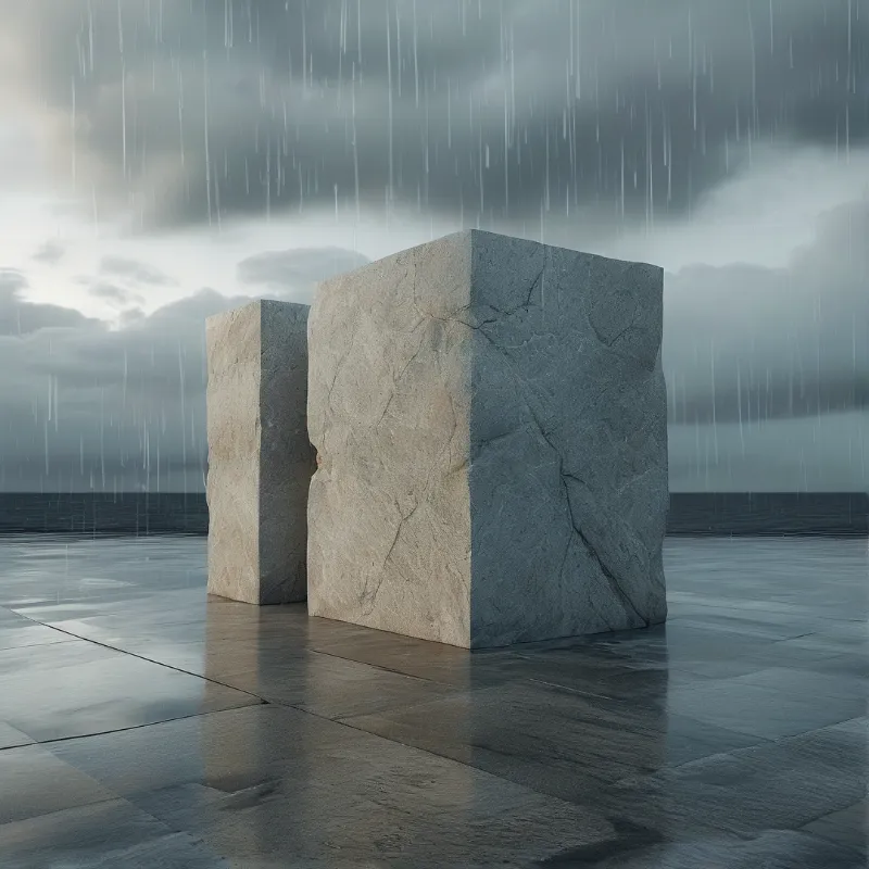 Two massive stone monoliths stand on a wet paved surface beneath a dark overcast sky with heavy rain falling.