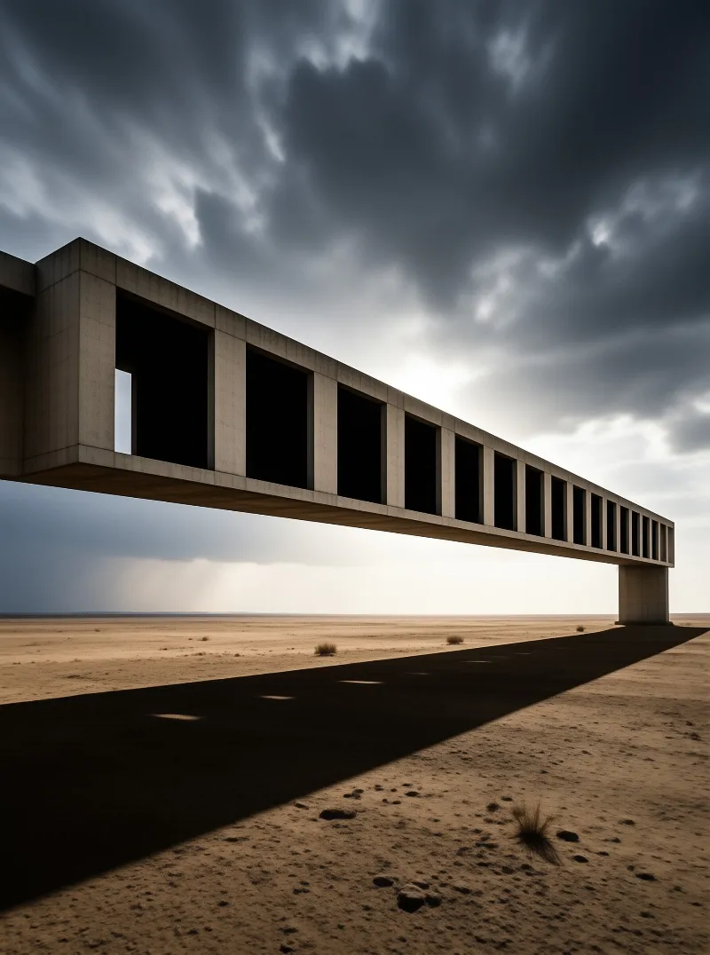 A long brutalist concrete structure stretches across a barren desert landscape beneath a heavy cloudy sky.