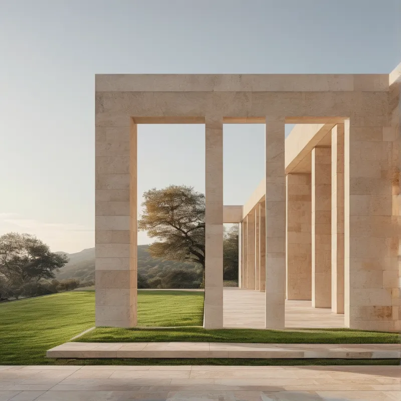 Square stone piers and a flat beam open onto a green lawn and a single tree against distant hills in soft daylight.