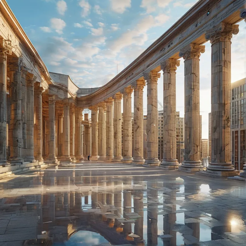 A curved classical colonnade stands under a blue sky while its reflection shimmers on a wet paved surface.