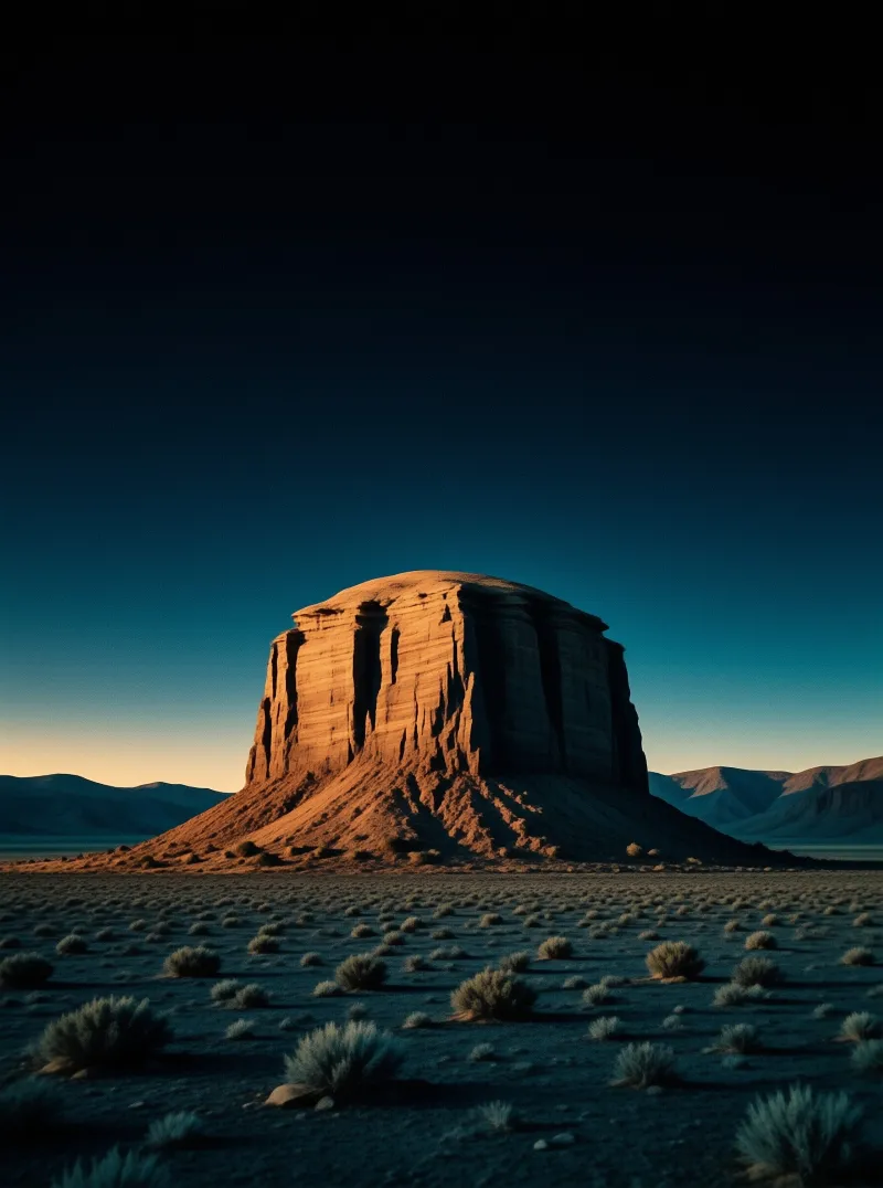 A solitary rock formation rises from a desert plain bathed in golden light beneath a darkening twilight sky.