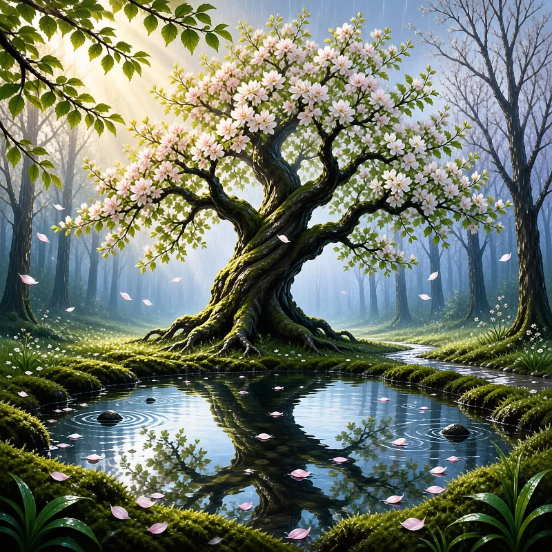 A gnarled pink flowered tree leans over a still pool, its trunk and falling petals doubled beneath sunlit rain.