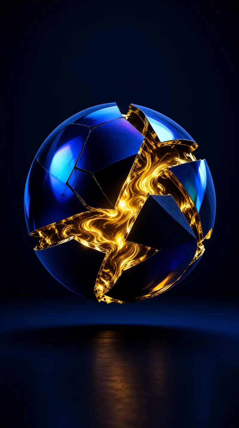 A polished cobalt orb hangs in darkness, its jagged seam filled with swirling liquid amber light.