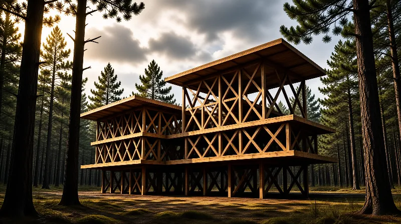 A two-story wooden shelter with X-shaped bracing stands on stilts among tall pine trees under cloudy skies.