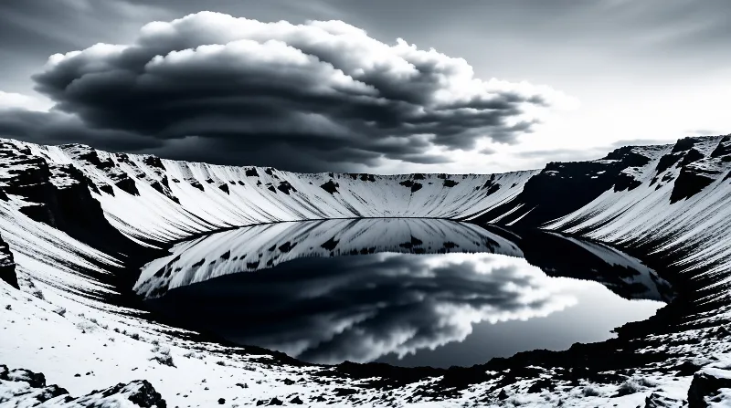 A calm volcanic lake inside a snow covered crater reflects the dark rolling clouds overhead and the steep white slopes surrounding the basin.