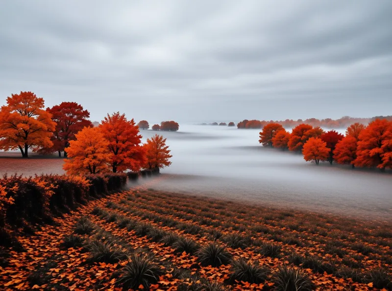 Vibrant orange autumn trees flank a smooth misty river with dark spiky plants in the foreground under a cloudy grey sky.