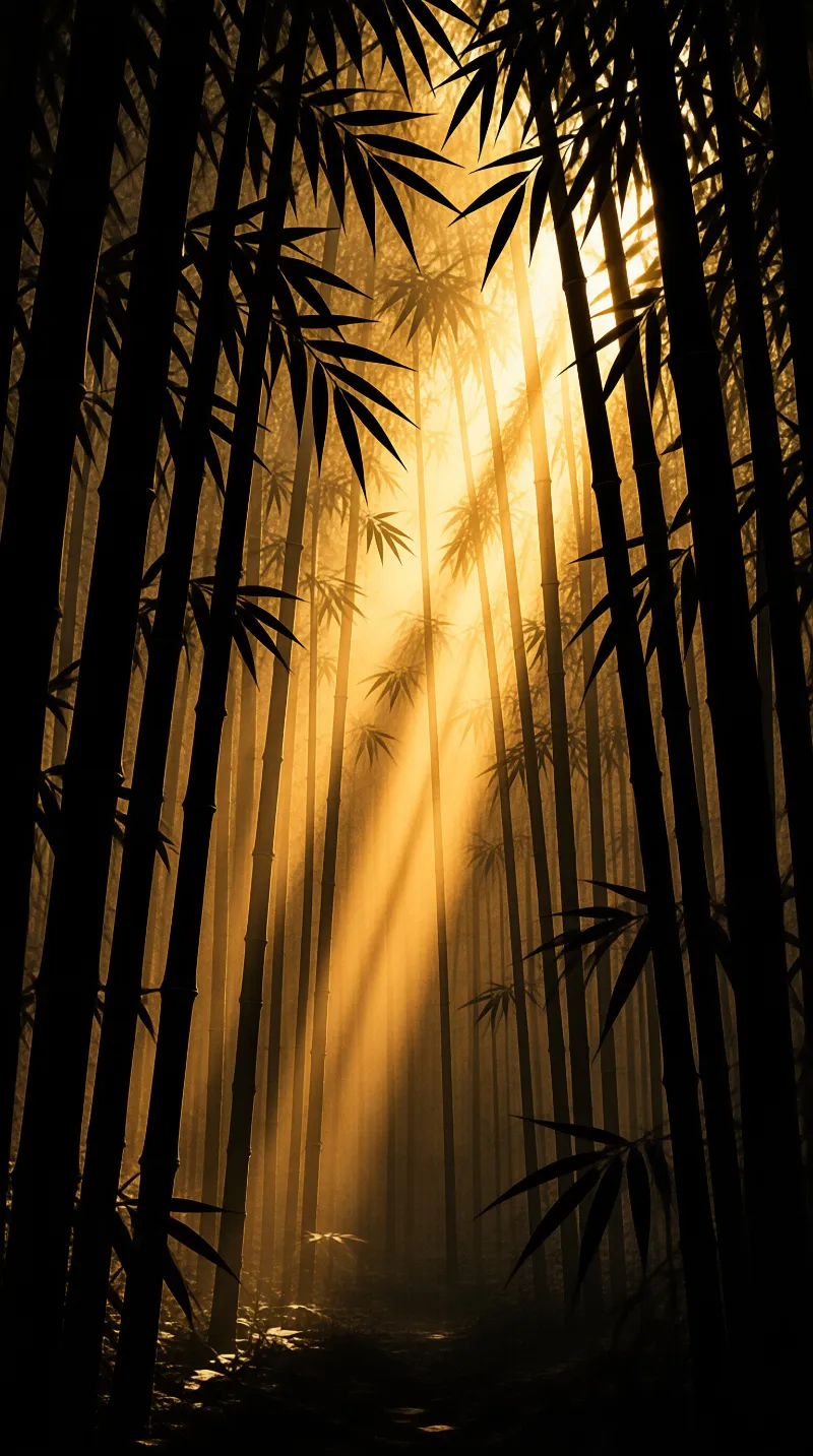 Dark bamboo stalks rise vertically while golden sunlight streams through the misty forest creating distinct beams of light.