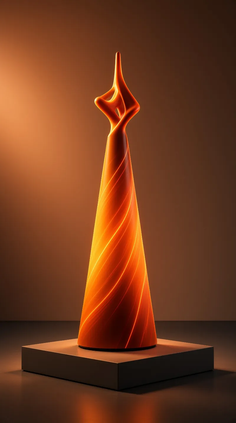 A tall twisted orange sculpture glows warmly on a dark square pedestal against a plain brown background.