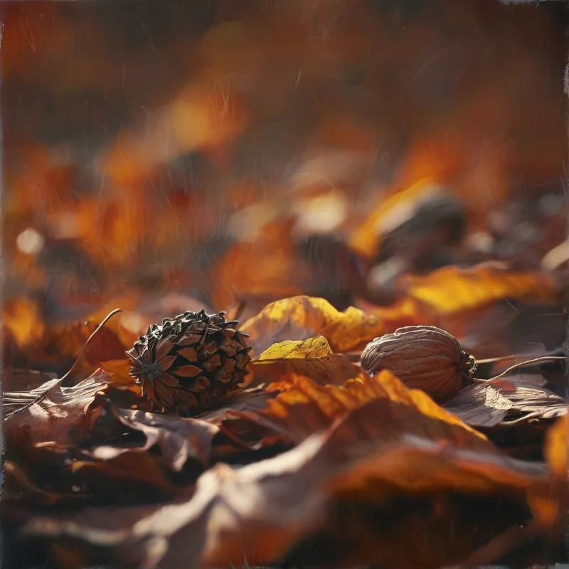 A rough pine cone and a ridged walnut sit atop sunlit dried orange maple leaves blurred softly in the background.