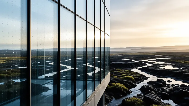 A modern glass structure reflects a winding river cutting through dark volcanic terrain beneath a pale yellow sky.