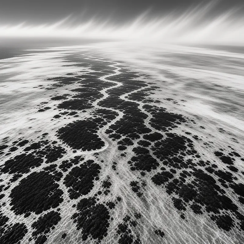 Aerial view of a salt flat featuring winding channels and dark patches under a hazy sky.