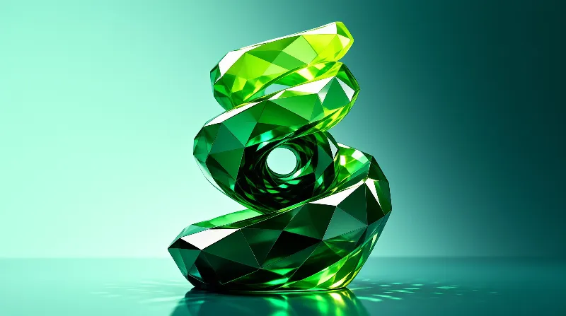 A twisted green crystal structure spirals upwards against a gradient teal background with reflective highlights.