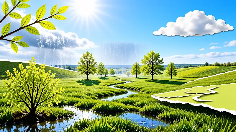 A winding stream flows through lush green hills under a bright blue sky with distant rain falling on the horizon.