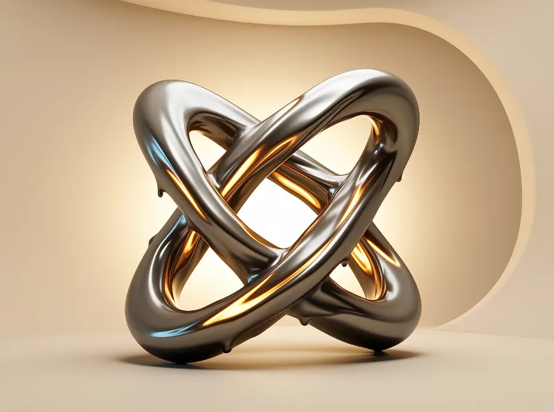 A shiny chrome abstract knot sculpture rests on a beige surface with warm golden reflections and a curved wall behind.